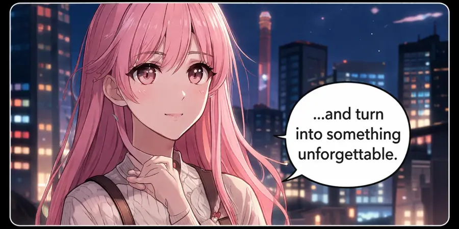 She finds Liam, looking out at the city. He turns, his face lighting up with a gentle smile.