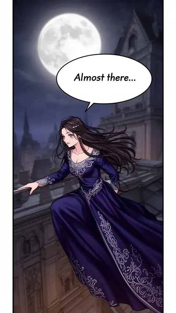 Lyra carefully climbs onto the moonlit palace rooftop, her gown shimmering.