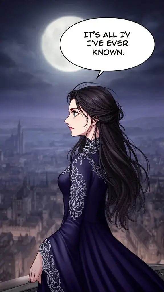 Lyra looks out at the sleeping kingdom, a conflict in her eyes.