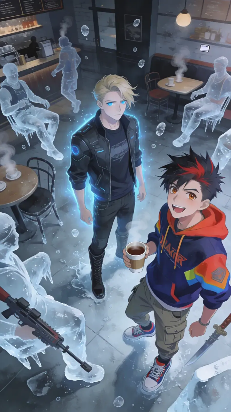 Everything is frozen. Eden looks around, a flicker of dark interest in his eyes.