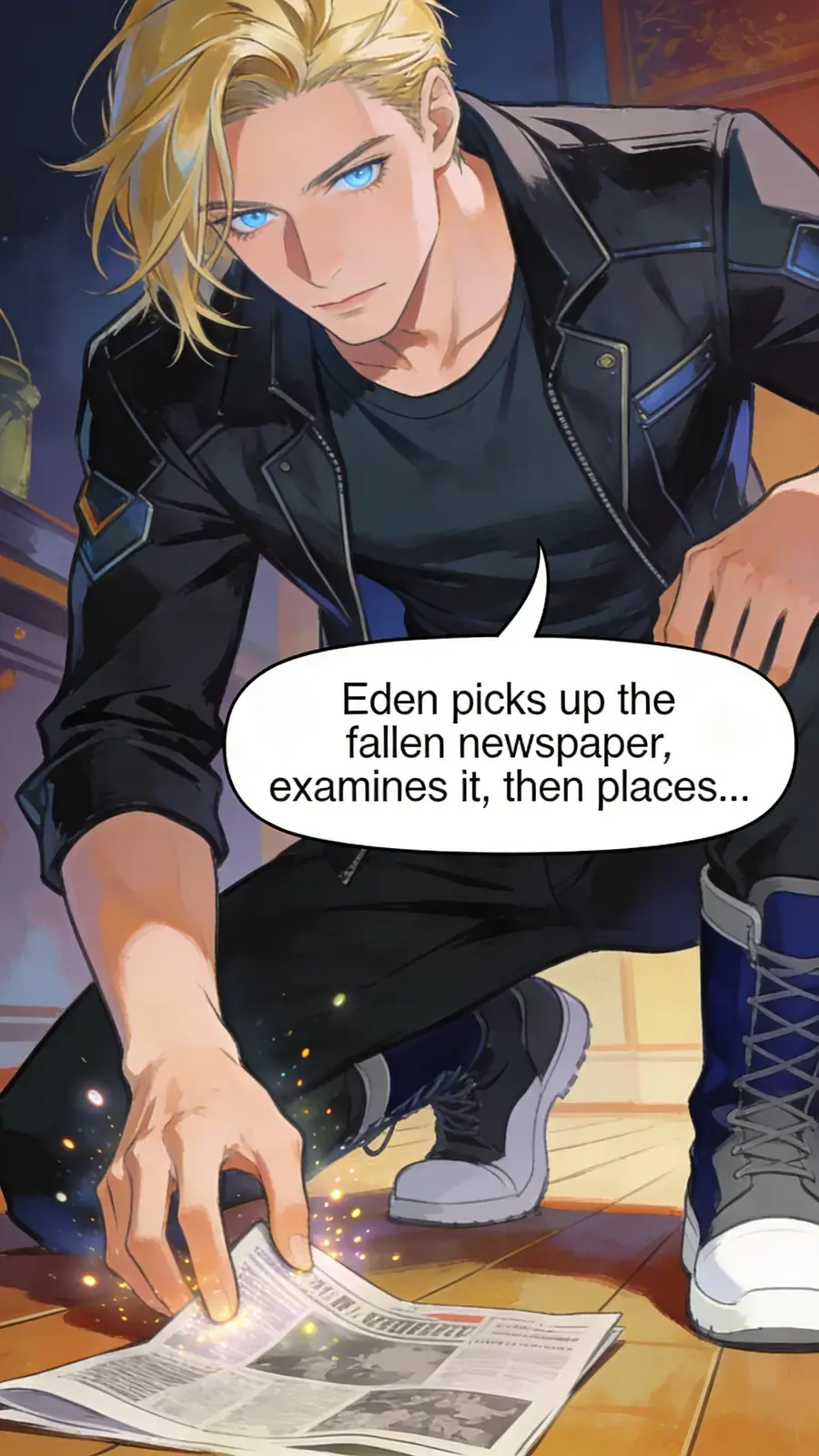 Eden picks up the fallen newspaper, examines it, then places it back precisely where it would have landed.