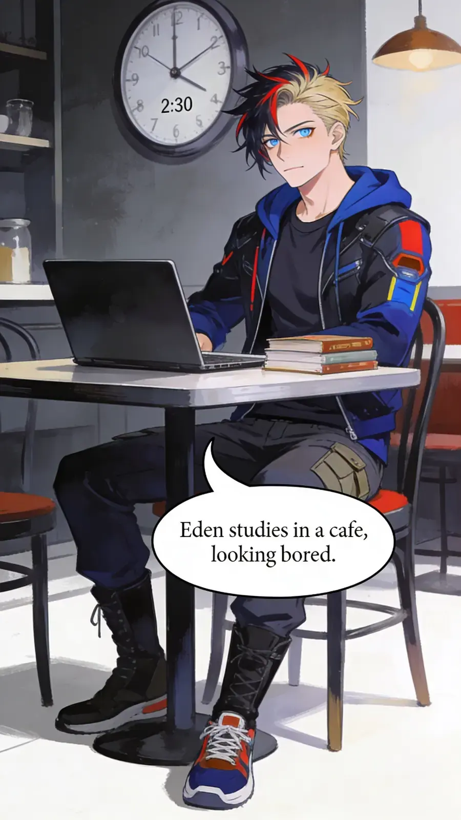 Eden studies in a cafe, looking bored. A clock in the background shows the time.
