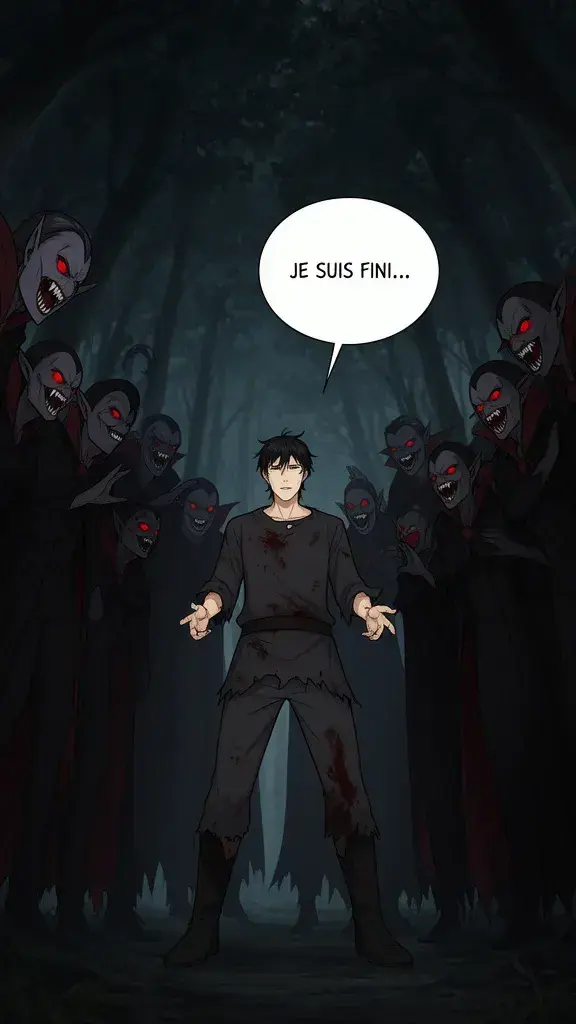 The vampires fully encircle him, their forms now clearer, sharp teeth glinting in the faint light. Kael is trapped.