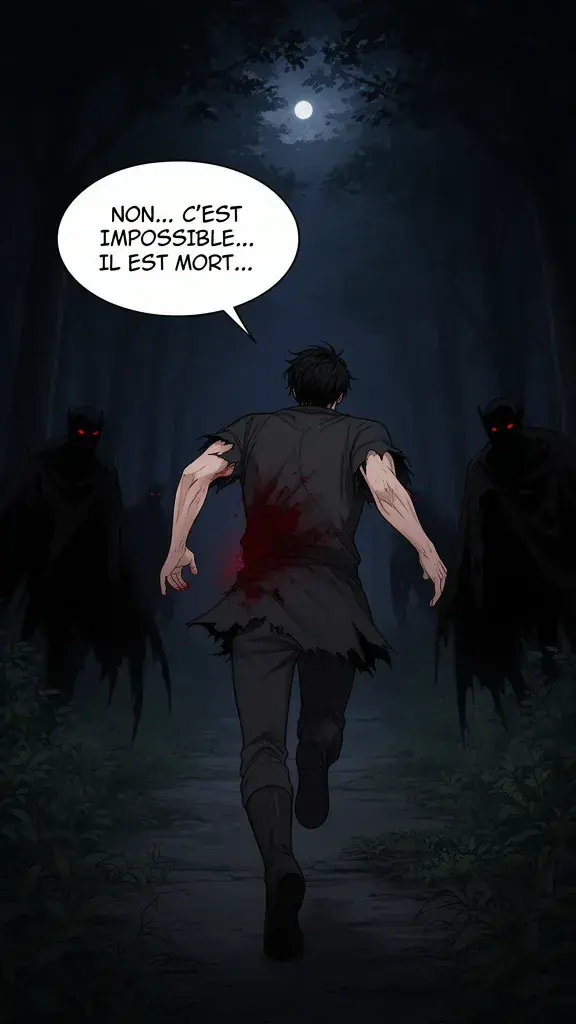 A man stumbles through a dark, overgrown path, heavily wounded. The moonlight barely illuminates his blood-soaked side.