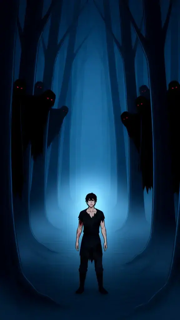 Shadows detach from the trees, revealing the faint outlines of figures closing in. Their eyes gleam red.