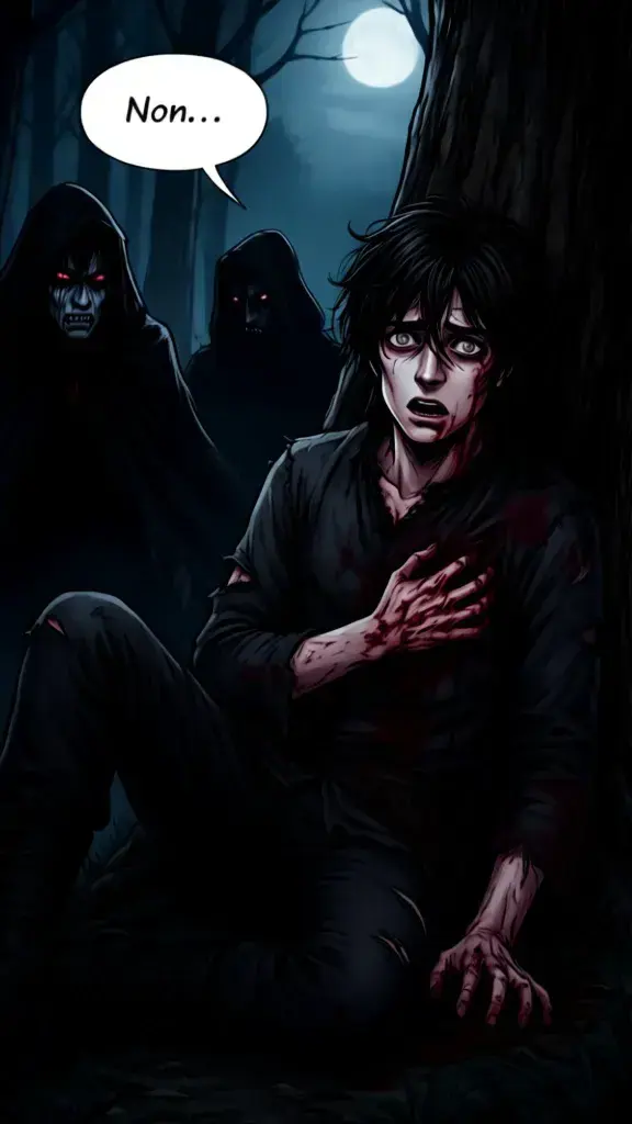 Kael collapses against a tree, clutching his wound. His eyes are wide with disbelief and agony.