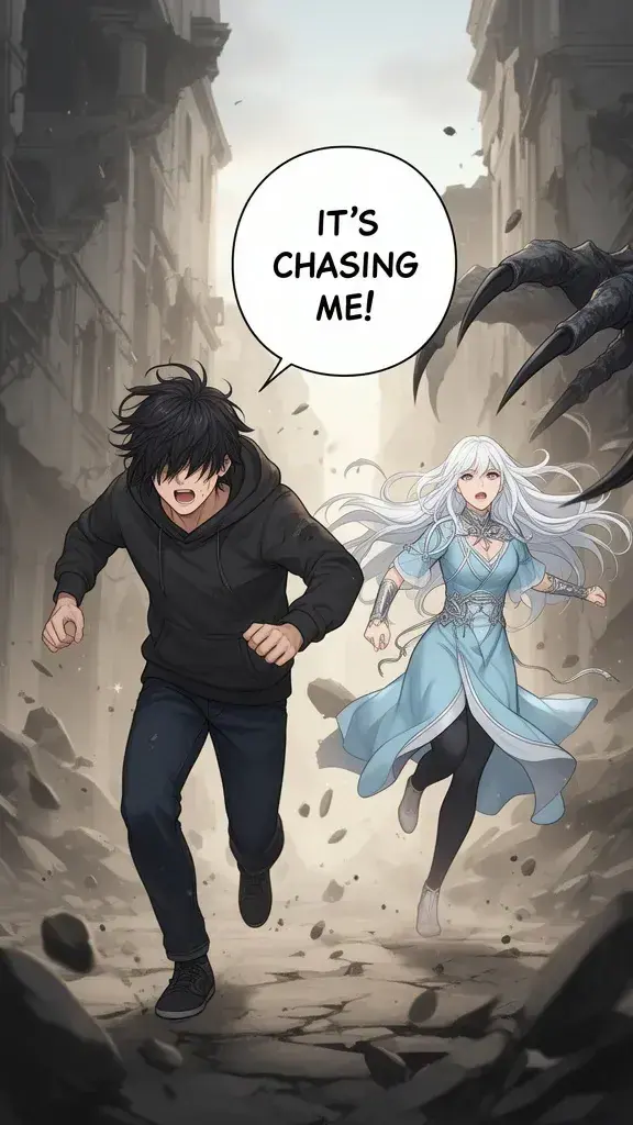 Arga runs frantically through the ruins, the monster pursuing him.