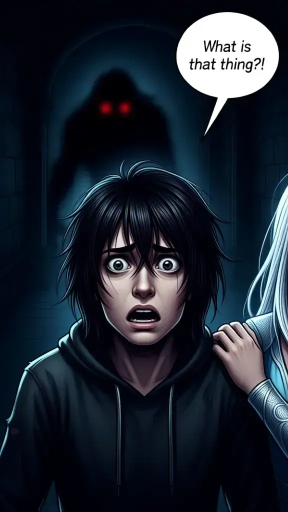 A shadowy monster with red eyes emerges from the gloom, terrifying Arga.