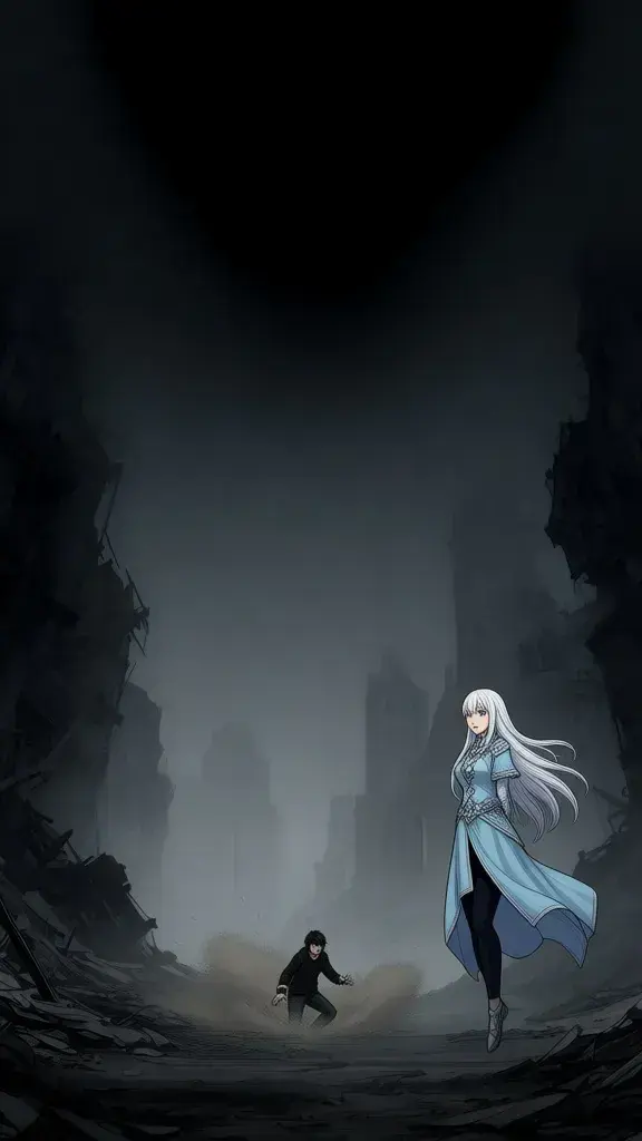 Arga lands in a desolate city of ruins under a sky-less, gloomy expanse.