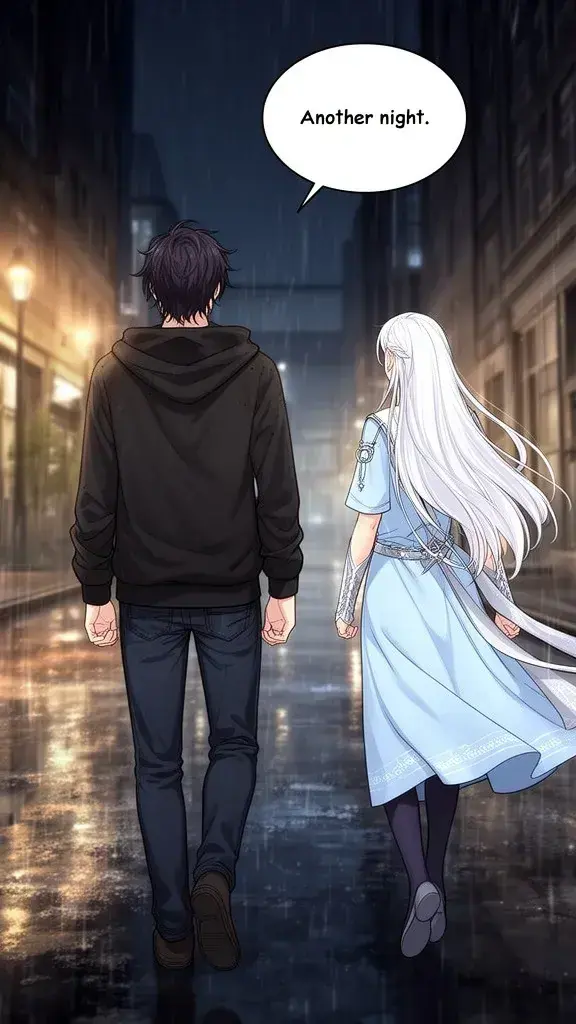 Arga walks down a rain-slicked city street at night, looking exhausted.