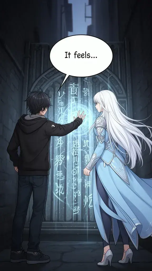 Arga hesitantly touches a glowing, ancient gate at the alley's end, feeling a pull.